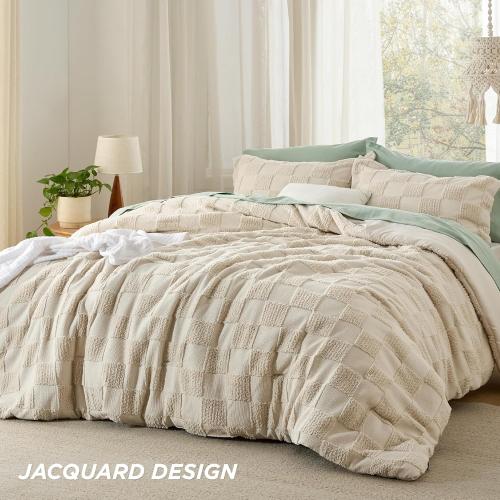 Bedsure Queen Size Comforter Set Beige, Boho Tufted Bed Set, Checkered Farmhouse Shabby Chic Bedding, , 1 Plaid Geometric Comforter