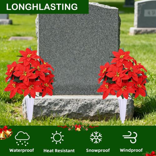 Lodou Christmas Artificial Cemetery Flowers for Grave,Outdoor Grave Decorations,Beautiful Arrangements Bouquet with Cemetery Vase (Red)