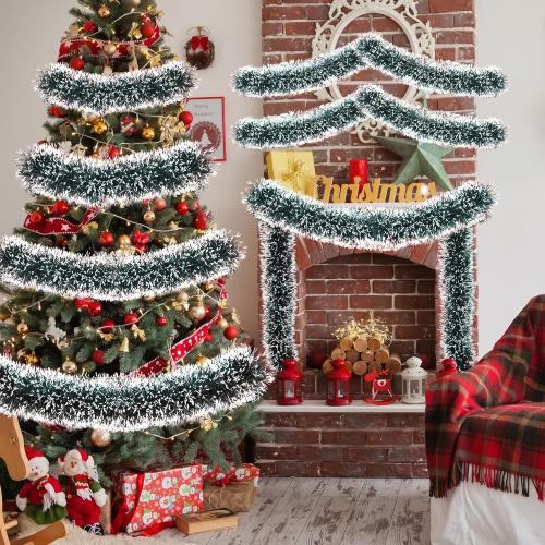 50FT Tinsel Christmas Garland Metallic Twist Garland Shiny Hanging Tinsel for Christmas Tree Party Supplies Indoor Outdoor Home Xmas Decoration (Green/White)