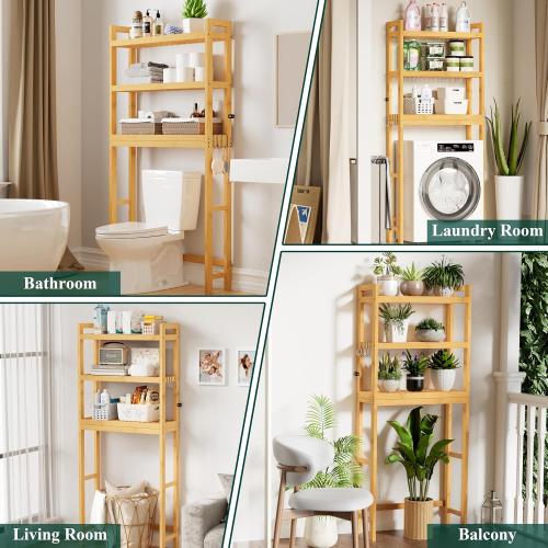 Smiry Over The Toilet Storage Cabinet, 3-Tier Bamboo Bathroom Organizers with Adjustable Shelf & 4 Hooks, Space Saving Shelf Rack for Bathrooms, Laundry Room, Balcony, Natural
