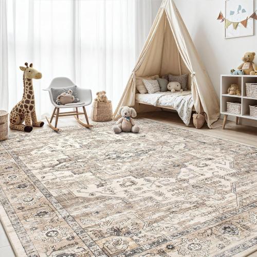Area Rug 8x10 Washable Vintage - Soft Traditional Rugs for Living Room Large Non Slip Backing with Low Pile Farmhouse Oriental Retro Carpet for Bedroom Dining Room or Home Office - Tea Brown