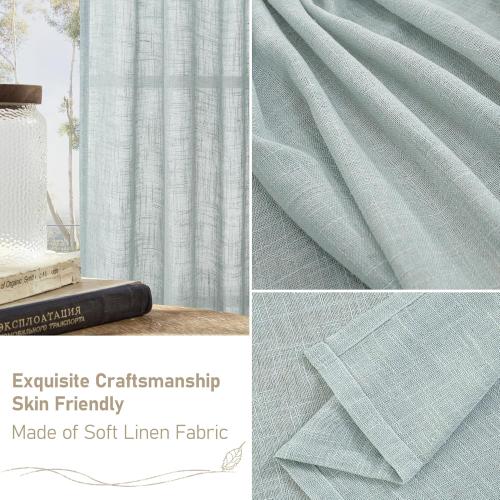 LAMIT Short Linen Window Curtains 30 Inches Long 3 Panels, Greyish Blue Semi Sheer Light Filtering Panels Back Tab and Rod Pocket Neutral Drapes for Basement/Small Windows, 34 x 30 Inch