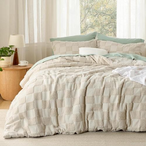 Bedsure Queen Size Comforter Set Beige, Boho Tufted Bed Set, Checkered Farmhouse Shabby Chic Bedding, , 1 Plaid Geometric Comforter