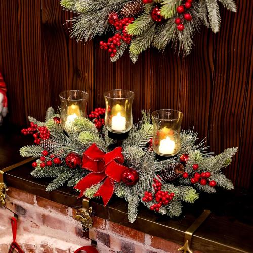 Red Christmas Table Centerpiece,Christmas Decoration Cedar with 3 Candlestick Glass Cup, Red Berry, Balls for Holiday Party, Home, Fireplace