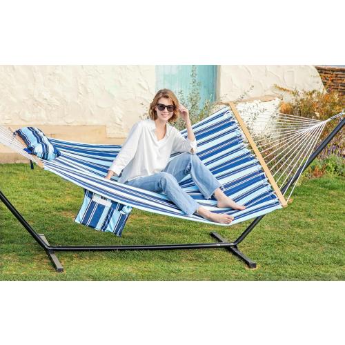 GAFETE Hammock 2 Person Quilted Fabric Hammocks for Outside, Double 12ft Hammocks with Spreader Bar, Large Removable Pillow, Storage Bag, Carabiners, Max 475 lbs Capacity (Catalina Beach)