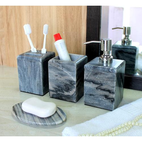 Bathroom Accessory Set Made from Natural Stone - Bath Accessories Set of 4 Includes Soap Dispenser, Toothbrush Holder, Tumbler and Soap Dish (Black)