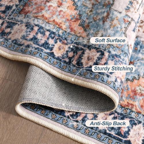 Blue/Beige Tangsoo Vintage Rug 2x3 Washable Rug for Entryway, Non Slip Small, Indoor Front Door, Print Distressed Blue/Beige Door Mat Carpet, Soft Low Pile Rugs for Entrance Kitchen Bedroom Bathroom