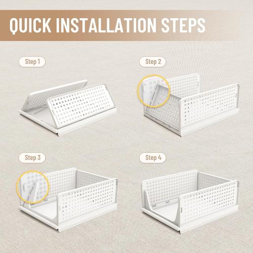 Pinkpum Stackable Plastic Storage Basket, Foldable Closet Organizers, Drawer Shelf Storage Container/Bins for Wardrobe Kitchen Bathroom Office Dorm, White, 4 Packs
