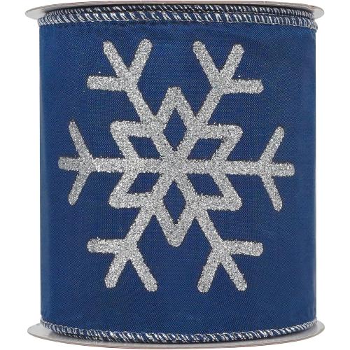 MEEDEE 4 Inch Navy Blue Snowflake Ribbon Navy Satin Wired Christmas Tree Ribbons with Silver Glitter Snowflake 10 Yards Blue and Silver Ribbon for Holiday Crafts, Garlands, Large Tree Topper Bow