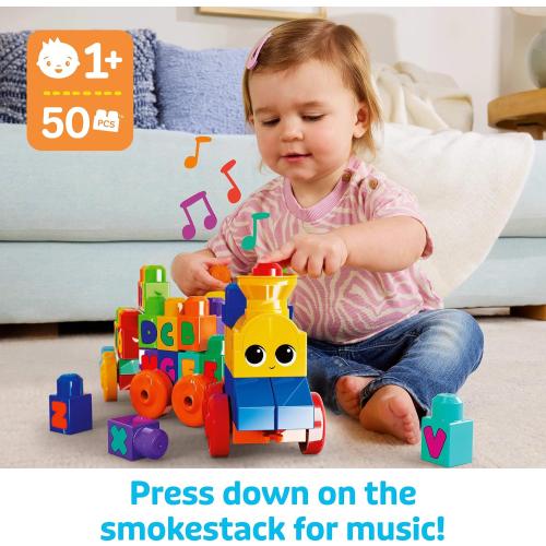 MEGA BLOKS First Builders Toddler Building Blocks Toy Set, ABC Musical Train with 50 Pieces, Music and Sounds, Ages 1  Years