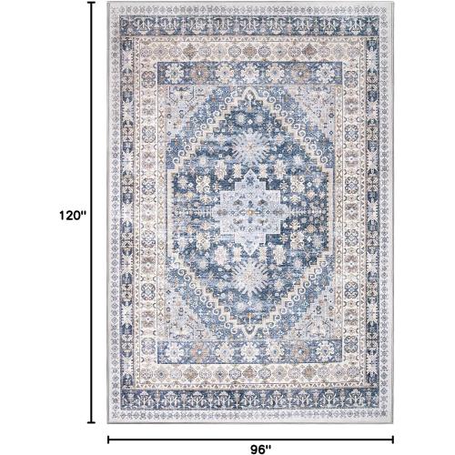 zesthome 8x10 Area Rugs for Living Room,Non-Slip Backing Washable Rugs,Vintage Large Area Rug,Stain Resistant Home Decor Rug (Blue/Beige,8'x10')