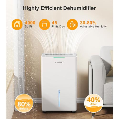 4000 sq.ft Dehumidifier for Basement, 45 Pint Dehumidifiers for Home with Drain Hose, WPSOERT Smart Compressor Dehumidifies for Large Room, Bedroom, 3 Modes, Intelligent Humidity Control, Auto Defrost