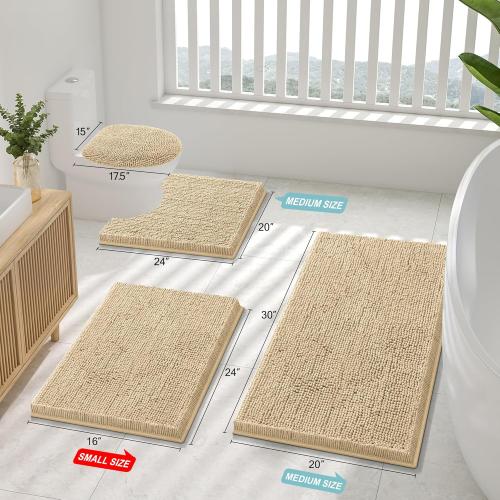 Smiry Bathroom Rugs Set 2 Piece, Soft Absorbent Chenille Bath Mat and U-Shaped Toilet Rug Set, Non Slip Shaggy Bath Carpet for Tub, Shower and Floor (30x20 24x20, Beige)