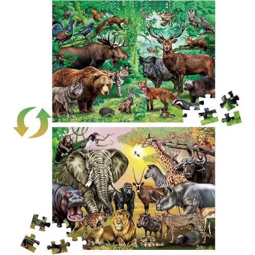 100 Pc BenBen Puzzles for Kids Ages 4-6, Double Sided 100 Piece Puzzles for Kids, 2 in 1 Puzzle, Wild Animals, Learning Educational Jigsaw Puzzles Toys for Boys Girls (15.75” x 11.75”)