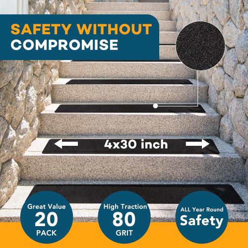 VOISEN Outdoor Stair Treads, 4 x 30 20 Pack Pre-Cut Non Slip Strips, Grip Tape Adhesive, Waterproof 80 Grit Anti-Slip