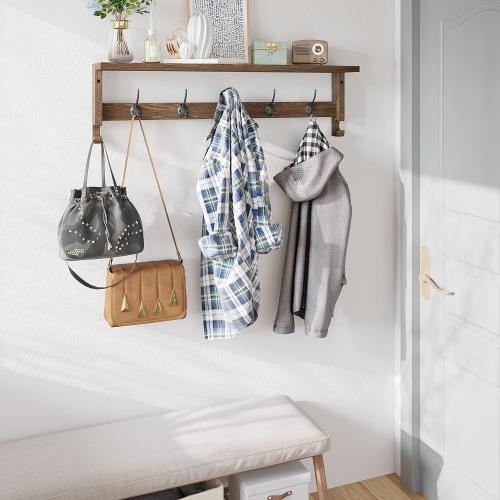 AMBIRD Coat Rack Wall Mount with Shelf, 28.9 Inches Coat Hooks Wall Mounted with 5 Hooks, Wall Hat Hooks for Hanging in Entryway, Living Room, Bathroom, Bedroom (Brown)