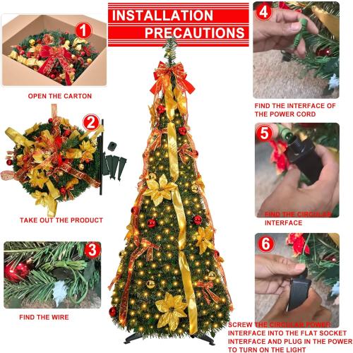 6 ft pre-lit Decorated Christmas Tree, 200 LED Warm Lights, Prelit pop-up Christmas Tree, Fully Decorated 66 Ornaments, Collapsible Pull Up Christmas Tree with Lights for Indoor Home Party Decor