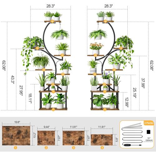 BACEKOLL Plant Stand Indoor with Grow Light - 2 Pack Tall Indoor Plant Shelf, 62 Corner Plant Holder, 8 Tiered Large S-Shape Flower Multiple Display Shelf for Home, Office