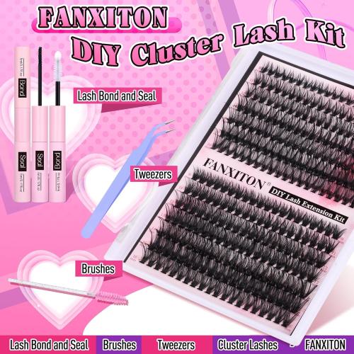 FANXITON DIY Lash Extension Kit Volume Lash Clusters 40D 50D D Curvature Individual Lashes Lash Clusters Kit Thick Eyelash Extension Kit 280 pcs Thin Band Cluster Lashes Lash Bond and Seal Tweezers