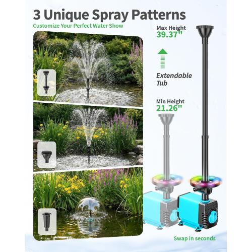 POPOSOAP Pond Fountain Pump Kit with RGB Lights & Remote Control, 660GPH Quiet Submersible Water Pump, Pond Pump with 3 Nozzles for Garden Koi Ponds, Fish Tank,Backyard Water Features Decor-P1104D