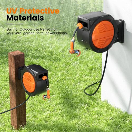 Size 1/2 x 100ft Color Orange Retractable Garden Hose Reel 1/2” x 100ft, Auto Rewind Hose Reels for Outside, Heavy-Duty Wall-Mounted Outdoor Hose, 10-Mode Nozzle, Adjustable Length, 180° Rotation for Watering, Car & Pet Washing