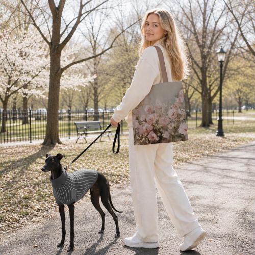 Vintage Pink Rose Floral Canvas Tote Bag, Cottagecore Botanical Wildflower Reusable Grocery Shopping Bag