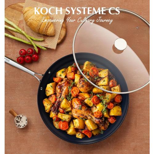 KOCH SYSTEME CS 14 Inch Large Frying Pan with Lid, Nonstick Skillet with Ceramic Interior, Large Fry Pan for Family & Commercial Cooking, Frying Pan Nonstick, Oven Safe & Induction Compatible, Blue