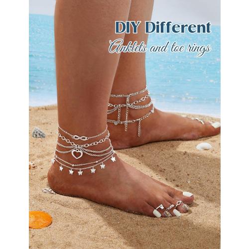 ORAZIO Toe Rings and Ankle Bracelets for Women Silver Rose Gold Plated Anklet Toe Rings Cute Layered Anklets Open Tail Rings Adjustable Beach Foot Jewelry for Summer