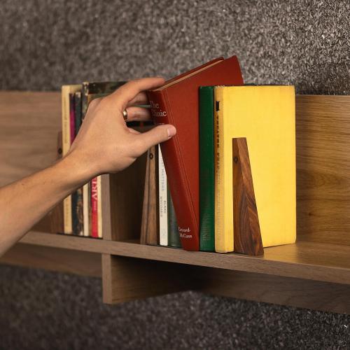 TILISMA Walnut Bookends for Shelves | Wooden Book Ends for Shelves | Sturdy Book Holders, Stoppers with Metal Base for Bookshelves | Slick Decorative Bookends Stands Firmly on Bookshelf (4 Pairs)