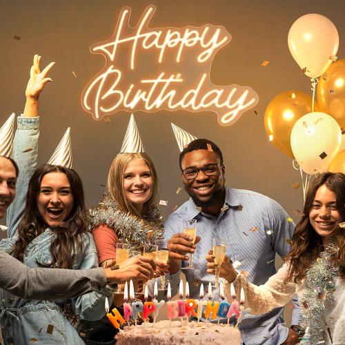 Kavaas Happy Birthday Neon Sign 16.5 x 12.2, Neon Happy Birthday Sign for Backdrop with Dimmable Switch - Birthday Light Up Sign Party Decoration (Warm White)