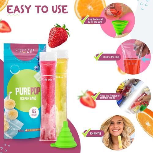 125 Disposable Ice Popsicle Mold Bags| BPA Free Freezer Tubes With Zip Seals | For Healthy Snacks, Yogurt Sticks, Juice & Fruit Smoothies, Ice Candy Pops| Comes With A Funnel (8x2)