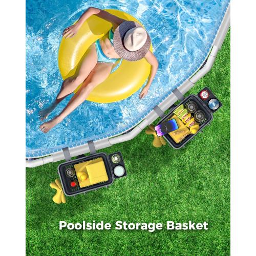 Poolside Storage Basket for Above Ground Pools, Above Ground Pool Accessories, Swimming Pool Storage Basket with Pool Cup Holder, Versatile Organization for Pool Accessories(1Pack)