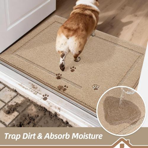 BEQHAUSE Dog Door Mat for Mud Paws Dirt Trapper Doormat Non-Slip Entryway Rugs Absorbent Welcome Mat Washable Indoor Floor Mat Low-Profile for Front Door, 20 x 32, Beige
