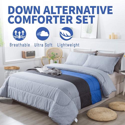 Andency Full Size Blue Comforter  Gray and Blue Patchwork Striped Comforter, Soft Down Alternative Comforter Bedding