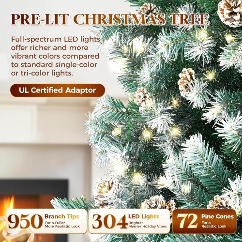 HOLLO STAR 7.5 ft Prelit Christmas Tree with 304 LED Lights, App Control, Slim Pencil Christmas Tree, Multi-Color RGBW Lights, 950 Flocked Frosted Tips, Xmas Tree, 72 Pine Cones, for Home, Party