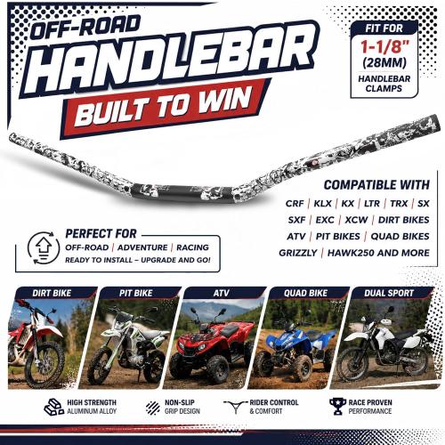 1-1/8 28mm Motorcycle Handlebars - Universal Aluminum Handlebar for CRF KLX KX LTR TRX SX SXF EXC XCW Motocross Pit Dirt Bike ATV Quad Grizzly Hawk 250 (Black, Style A)
