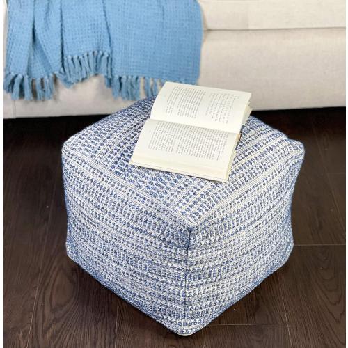 Chardin home UNSTUFFED Ottoman, Cozy & Bohemian Pouf Covers, Hand Crafted Casual Seating, Footrest, Square Floor Pillow for Home, Office, Bedroom, Living Room, 16.5 x 16.5x 12.9, Blue-Off White