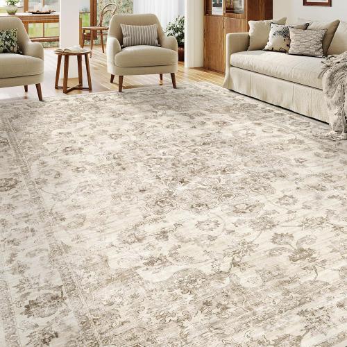 9x12 Neutral Area Rug Beige Vintage Living Room Bedroom Washable Carpet Non-Slip Soft Low Pile Farmhouse Indoor Large Throw Rug for Dining Room Office