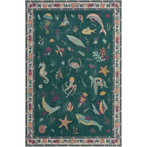 Soft Marine Animal Washable Faux Wool Stain Resistant Runner Rubber Non-Slip Backing for Playroom Bathroom Living Room Bedroom Bedside Beachy Cute Coastal Nautical Nursery Rug (Emerald, 5' x 7')