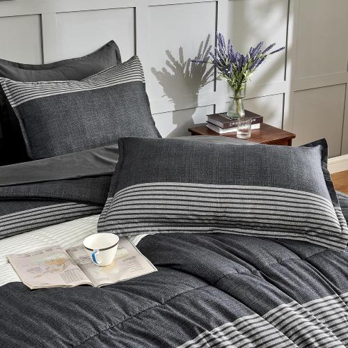 Andency Full Bed in a Bag 7 Pieces Comforter Set - Black White Grey Striped Lightweight Fully Breathable All Season Bedding Set with Comforter, Fitted & Flat Sheet, Pillowcases & Shams