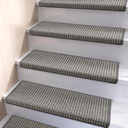 Brakki Bullnose Carpet Stair Treads, Stair Treads for Wooden Steps Indoor Runner and Pets, Non Slip Soft Edging Staircase Protectors, Washable, 29.5x9.5x1.5 7pcs, Grey and Cream