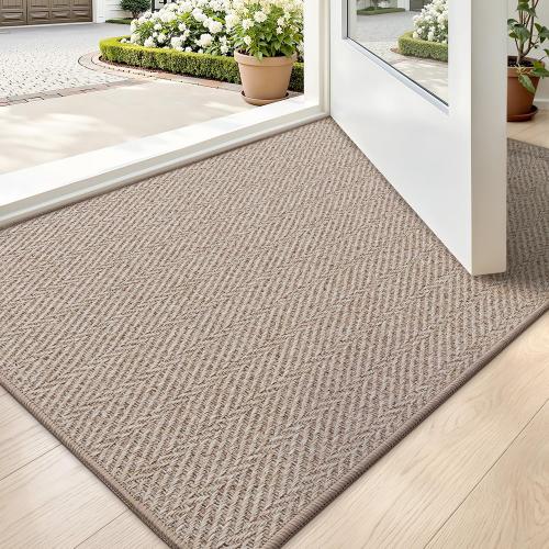 LUMI Ultra Thin Indoor Door Mat for Entrance 24x36, Non Slip Entryway Mat, Low Profile Doormat, Unique Herringbone Design Carpet for Inside, Patio, Porch, Deep Beige