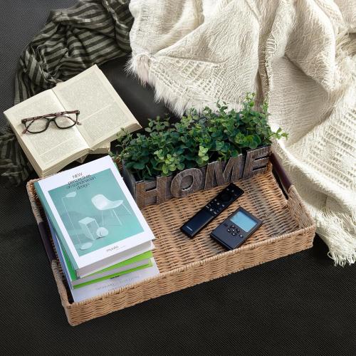 Size 20x12 Color Brown Handwoven Multipurpose Rectangle Rattan Tray, 20” x 12” – Durable Wicker Tray with Leather Handles for Home Decor Display