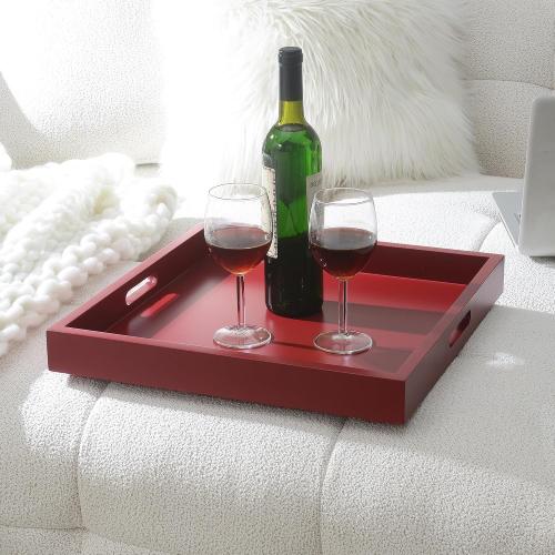 Convenience Concepts Palm Beach Serving Kitchen & Living Room Square Wood Decorative Handles, Ottoman Accent, Coffee Table Tray, Counter Organization & Storage, 16.75, Red