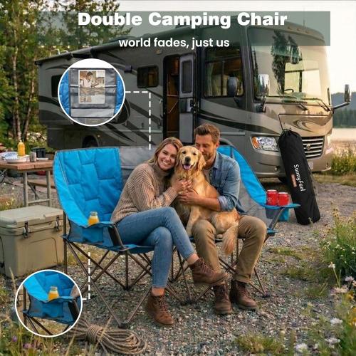 SUNNYFEEL Folding Double Camping Chair, Oversized Loveseat Chair, Heavy Duty Portable/Foldable Lawn Chair with Storage for Outside/Outdoor/Travel/Picnic, Fold Up Camp Chairs for Adults 2 People