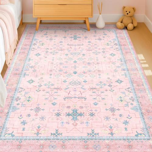 Pink Rugs for Bedroom Girls, 5x7 Washable Area Rug for Living Room Nursery Kids Baby Playroom Indoor Decor, Oushak Floral Vintage Low Pile Boho Non Slip Foldable Carpet