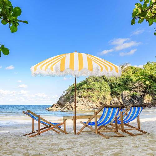 Rayjee 6.5FT Outdoor Patio Umbrella with Fringe, Boho Beach Umbrella | UV Protection | Tilt & Adjustable Height | Portable 2-Piece Aluminum Pole | Perfect for Pool, Garden, Party & Beach