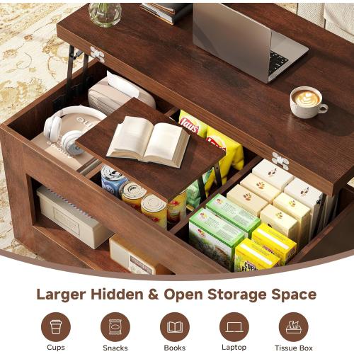 40 Lift Top Coffee Table, 4 in 1 Multi-Function Lift Coffee Table with Storage and Hidden Compartment, Convertible Coffee Tables to Dining Table for Living Room, Walnut