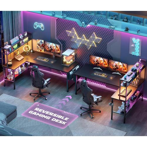 Aheaplus L Shaped Desk Gaming Desk, 59 L Shaped Computer Desk with LED Light & Power Outlet, Reversible Home Office Desk Gamer Desks with Shelves & Storage Bag & Hooks, Corner PC Desk, Black