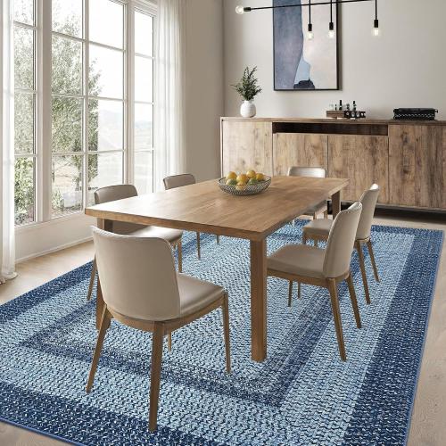 Washable Rug  Boho Accent Carpet Modern Geometric Floor Carpet Indoor Throw Floor Cover Braided Print Rug Low Pile Non Slip Farmhouse Rustic Bohemian Carpet for Living Room Bedroom, Blue